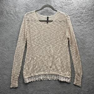 Elan Women's Large Loose Knit Sweater Lace Trim Long Sleeves Casual Quiet Luxury